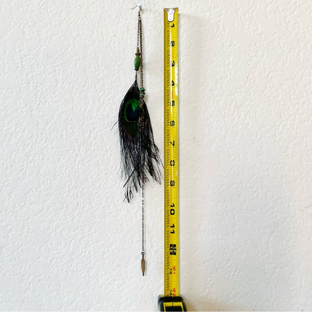 🦚 Peacock feather and chain earring long single handmade dangle - Picture 4 of 5